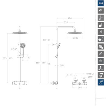 Душевая система Ramonsoler Blautherm термостатическая без излива с регулировкой высоты чёрный 945401RP300NM