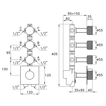 Внешняя часть встраиваемого термостатического смесителя Stella Sirius на 3 источника. nero matt PVD SR06015PV17