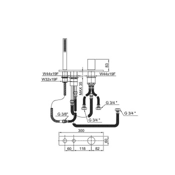 Смеситель на борт ванны Fantini Milano на 3 отв, на 2 источника, с ручн.душем, без излива, хром 31 02 3067