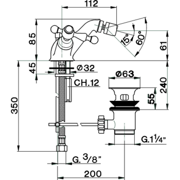 Смеситель для биде Cisal Arcana America на 1 отверстие, с донным клапаном, золото AA00055024
