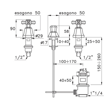Смеситель для биде Stella Eccelsa на 3 отверстия 3600, без излива, с донным клапаном, золото 24К EC 00200 AU00