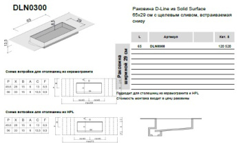 Раковина Brenta D-Line 65х29 см из композита Solid Surface встраиваемая снизу с щелевым сливом DLN0300