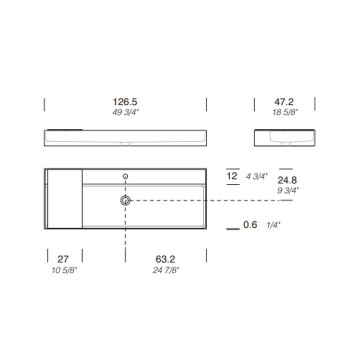 Раковина Milldue MAN 126 накладная из CRISTALPLANT ,126,5х47,2, с 1 отв для смесителя, белый матовый 2466*1 Bianco Opaco