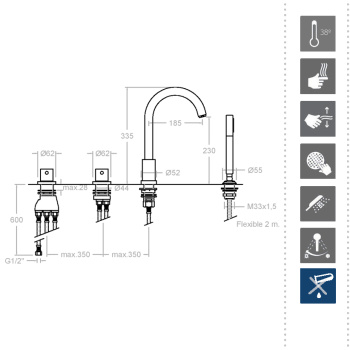 Смеситель на борт ванны Ramonsoler Alexia термостатический с изливом и ручным душем 363302TM