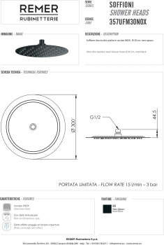Верхний душ Remer с шарнирным соединением Ø 30см черный матовый (NO) 357UFM30NOX