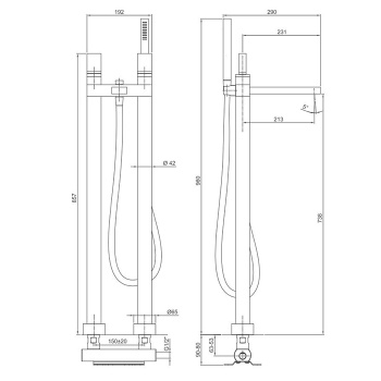 Смеситель для ванны Fantini Venezia In напольный, с ручн душем, излив 215, наружная часть, Matt Copper PVD 29 P9 N580SB