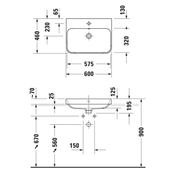 DURAVIT HAPPY D.2 PLUS Раковина 600х460 мм., без отверстий для смесителя, с переливом, с креплением, выпуск с керамическим клапаном, цвет белый