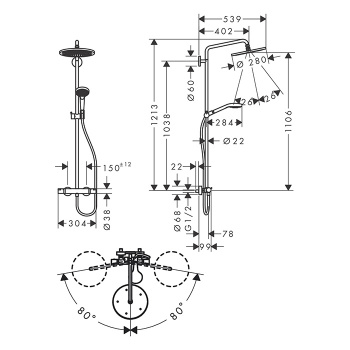 HANSGROHE CROMA SELECT S Душевая система Showerpipe с термостатическим смесителем, верхний душ Ø180