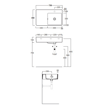 Раковина накладная/подвесная Simas Top e lavabi D'Arredo QU75D*1 bi 75 см правая белый