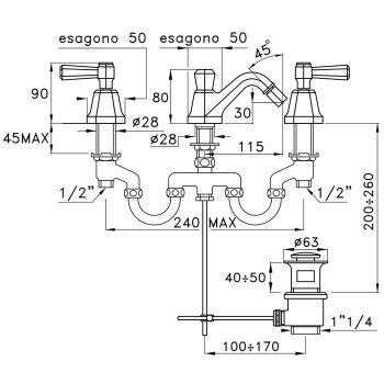 Смеситель для биде Stella Eccelsa Leve на 3 отверстия 3601, с донным клапаном, золото 24К EL 00201 AU00