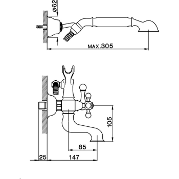 Смеситель для ванны Cisal Arcana настенный, с ручной лейкой,держателем и шлангом, хром AC00012021 Акция