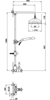 Душевой комплект Cisal Arcana термостатический смеситель, стойка с верхним душем, лейка+шланг, золото AC00406024