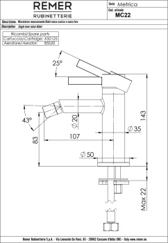 Смеситель для биде Remer Metrica  сталь MC22XV
