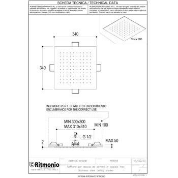 Верхний душ Ritmonio Shower 34х34 см нержавеющая сталь 75T003INOX