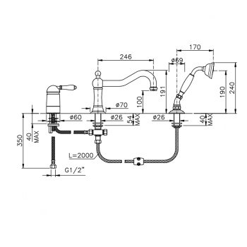 Смеситель на борт ванны Nicolazzi P.M. Blanc на 3 отверстия, с изливом 246мм и ручным душем, ручки белая керамика, english gold 3449GF76