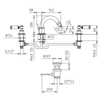 Bossini Liberty Смеситель для биде на 3 отверстия с поворотным изливом и заглушкой 1”1/4, цвет