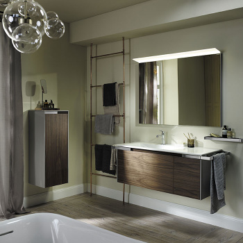 Burgbad Yso Комплект подвесной мебели 128x49x45 см, с прямоугольным  керамической раковиной слева, с  2-мя полотенцедержателями, цвет: светло-серый глянцевый/фасада коньячный орех SFAC111 L K0396 F2321 C0001*1