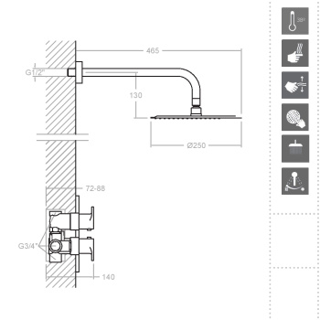 Смеситель для душа Ramonsoler Alexia встраиваемый термостатический с тропическим душем золото K3624012OC