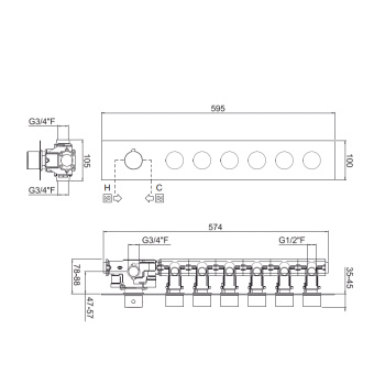 Внешняя часть горизонтальная для термостатического смесителя Carimali Ilquadro с 6-ю независимыми выходами хром 21069EST/O-CR