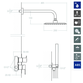 Смеситель для душа Ramonsoler Blautherm встраиваемый с тропическим и ручным душем 941502RPK225
