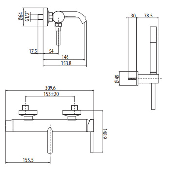 Смеситель для ванны настенный излив Gattoni Circle Two 146 ,с ручной лейкой на держателе, nero opaco 9100/91NO