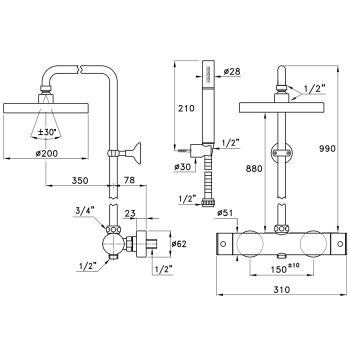 Душевой комплект Stella Bamboo 3287/304-200: термостатический смеситель, штанга+ручной+верхний душ 200 хром UN 02610 CR00