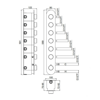Внешняя часть вертикальная термостатического смесителя Carimali Iltondo с 6 запорными вентилями хром 21067EST/A-CR