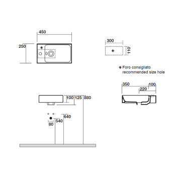 Раковина накладная Kerasan Cento 45х25 с 1отв под смеситель SX/DX, глазирована с 4-х сторон, без отверстий для крепления к стене, белый 353701*1