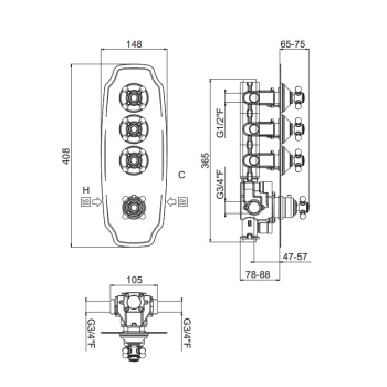 Внешняя часть вертикальная термостатического смесителя Carimali Colonial на 3 потребителя. Colonial пластина and ручки, хром 21034EST-CR
