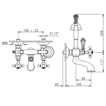Смеситель настенный с душем для ванны Nicolazzi Dames Anglaises 2 1401CR18 хром