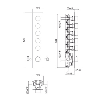 Внешняя часть вертикальная для термостатического смесителя Carimali Iltondo с 5-ю независимыми выходами хром 21059EST-CR