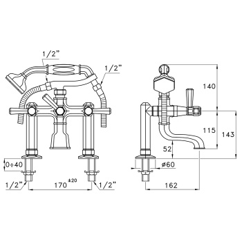 Смеситель на борт ванны Stella Eccelsa Leve на 2 отверстия 3274RG306FB с ручным душем, золото 24К EL 02210 AU00