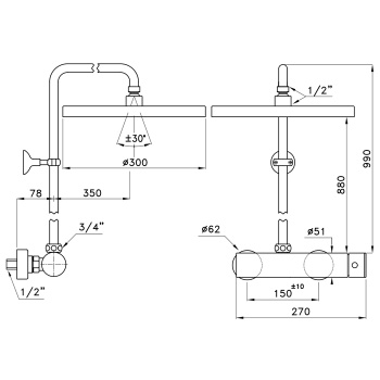 Душевой комплект Stella Bamboo 3283/301-300: смеситель, штанга+верхний душ 300 хром BT 02415 CR00