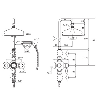 Душевой комплект Stella Italica IS3284/33-220: термостатический смеситель, штанга+ручной+верхний душ 220 хром IT 06100 CR00