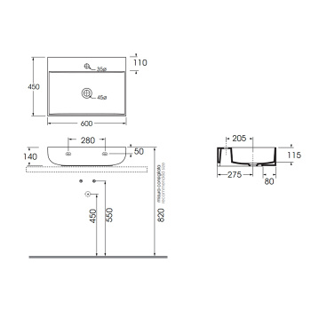 Раковина накладная Azzurra Leuca 60х45х14, без отв. под смеситель, белый LELP06045000BI*0
