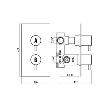 Термостатический встраиваемый смеситель для душа Gattoni Termostatici 2 рычага на 1 источника на прямоугольной пластине, хром TS992/22C0.Mcr