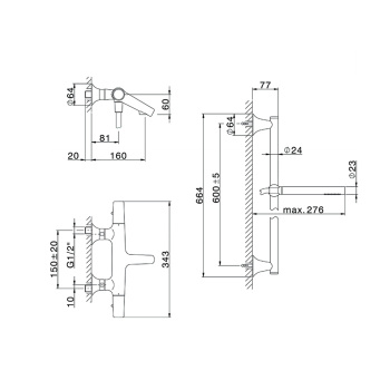 Комплект для ванны с душем Cisal Vita термостат+ душевой гарнитур штанга L=664мм, шланг и ручной душ 1 режим, хром VIS2101021