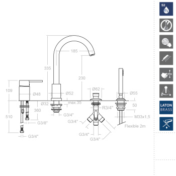 Смеситель на борт ванны Ramonsoler Drako с изливом и ручным душем 333302M