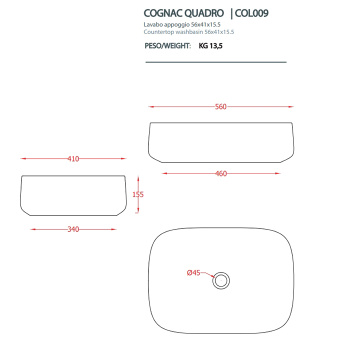 Раковина накладная Quadro Artceram Cognac 56x41, saniglaze, белый глянцевый COL009 01 34