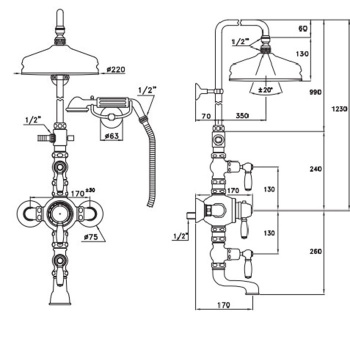 Душевой комплект Stella Italica Leve IS3274/33-220: термостатический смеситель с изливом для ванны, штанга+ручной+верхний душ 220 хром IL 06150 CR00