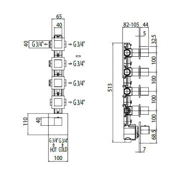 Bossini Oki Термостат для душа, встраиваемый, с девиаторм/3 запорных вентиля на 5 выходов, уст-ка ве