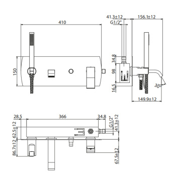Смеситель для ванны/душа встраиваемый на основании с ручным душем Gattoni Ely на излив 149, хром 8805/88C0