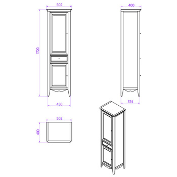 Пенал Tw Veronica 50.2/45x40/37.4xh172, 1выдв.ящик, 2 распашные дверки, доводчики Blum, петли справа-DX,, noce, ручки riflesso бронза VER3050D-N