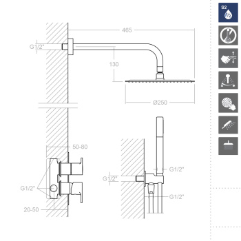Смеситель для душа Ramonsoler RS-Q встраиваемый с тропическим и ручным душем K9315021