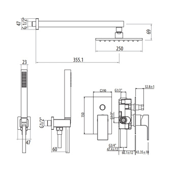 Душевой набор со смесителем встр. в стену Gattoni Kubik ручной лейкой и верхним душем 250х250, хром 2590/25C0 (ст. арт. KTQ15/PDC0)