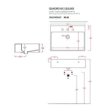 Раковина Artceram QUADRO 65x48, 1 отв., белый QUL003 01 00