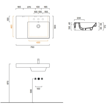 Раковина Catalano Zero 75x50 чаша справа, с 1 отв, белый глянцевый 120781001