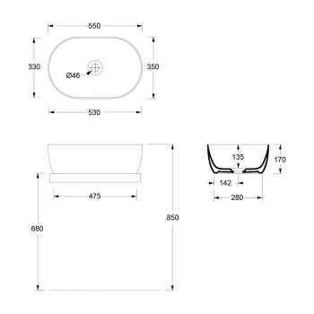 Раковина накладная Alice Unica 55x35хВ17, без отверстия под смеситель, белый матовый, 32120109
