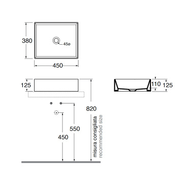 Раковина подвесная Azzurra Elegance Squared 45х38х15 без отв. под смеситель, cenere ELLA045380Q0CE/(EQA4538*CE)*0