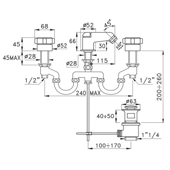 Смеситель для биде Stella Aster на 3 отверстия 3601, с донным клапаном, хром AT 00201 CR00